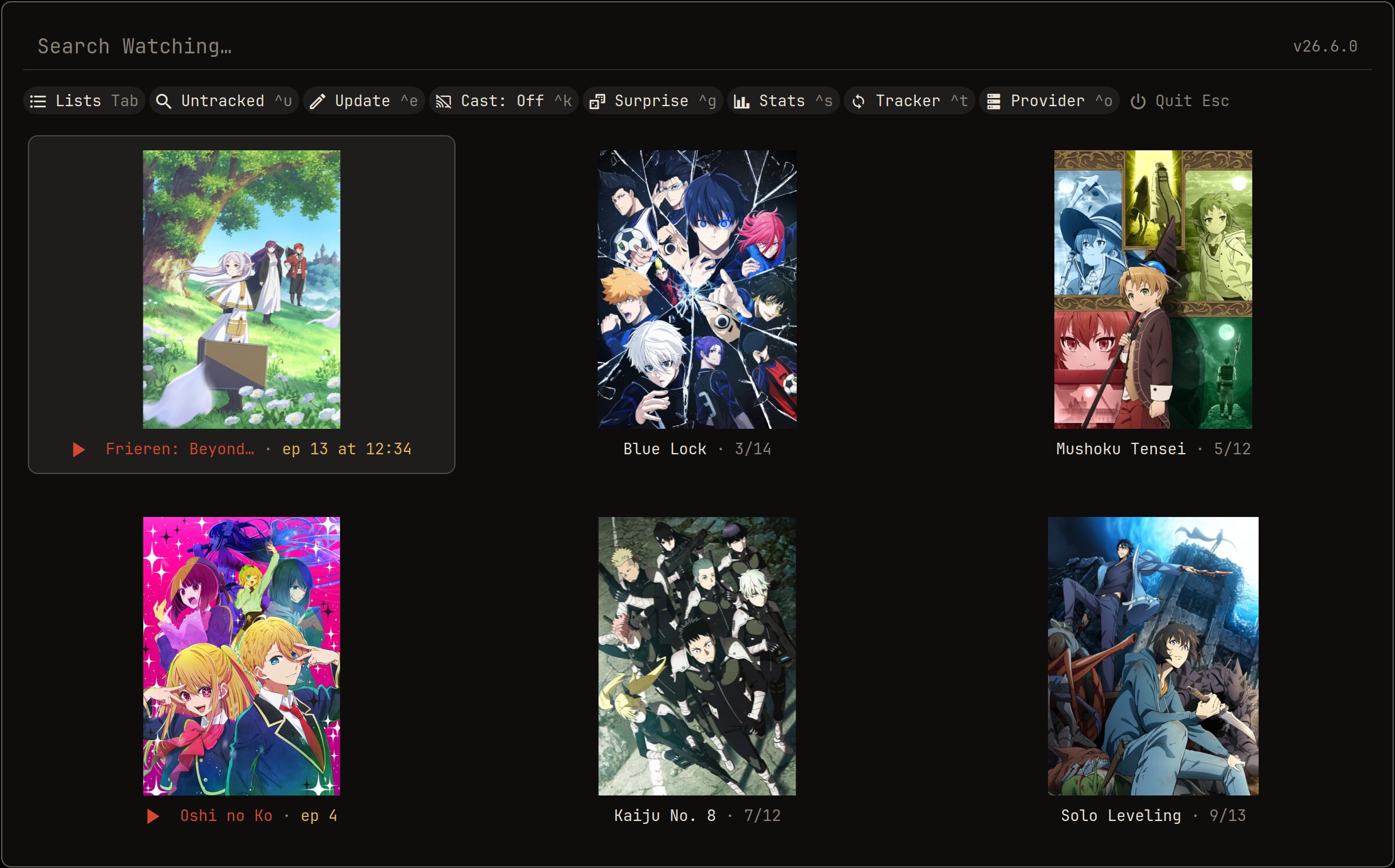 otakase's rofi menu: a grid of posters with a toolbar of actions