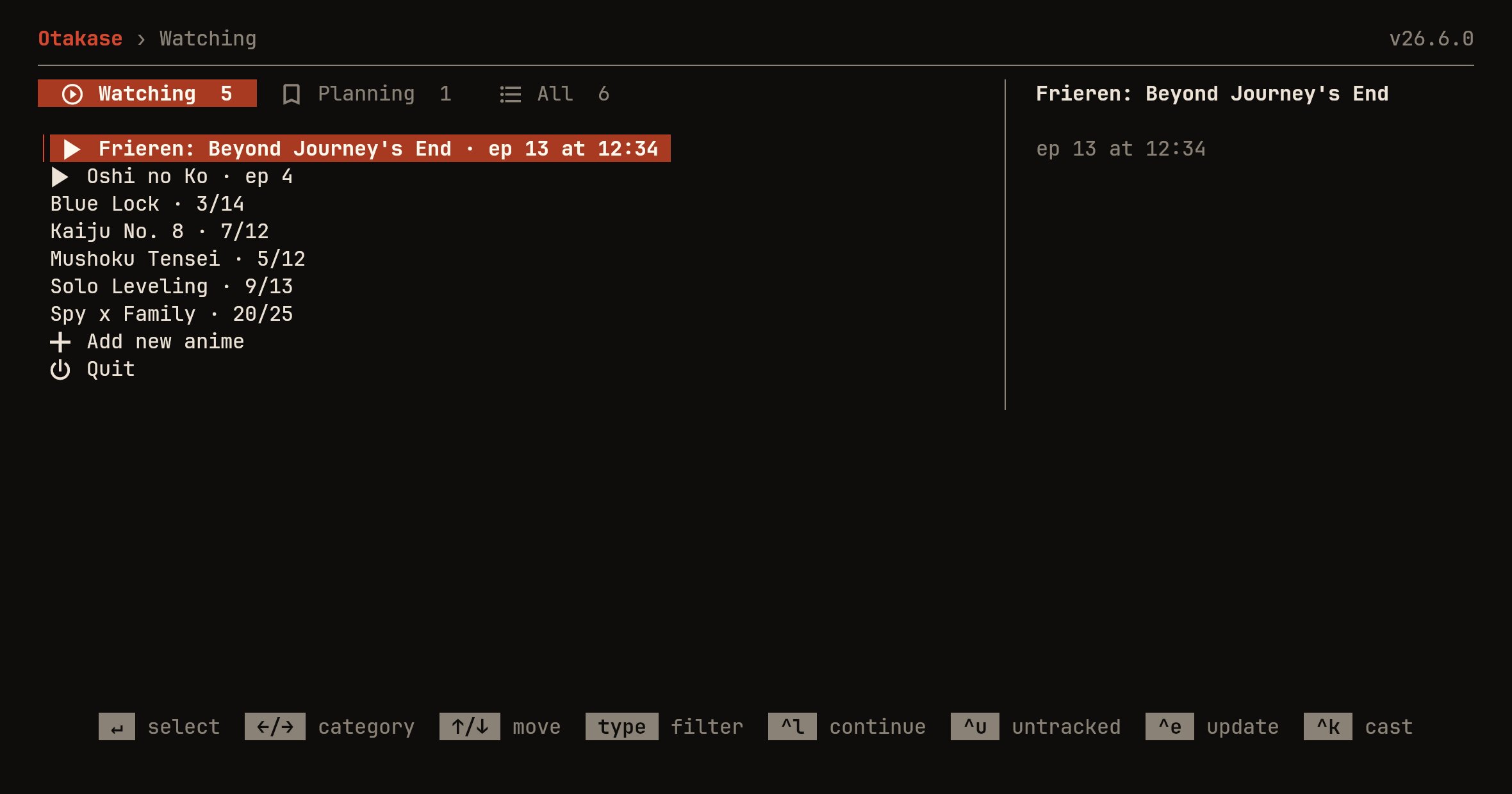 otakase's terminal menu on Linux: the Watching list with tabs and a details pane