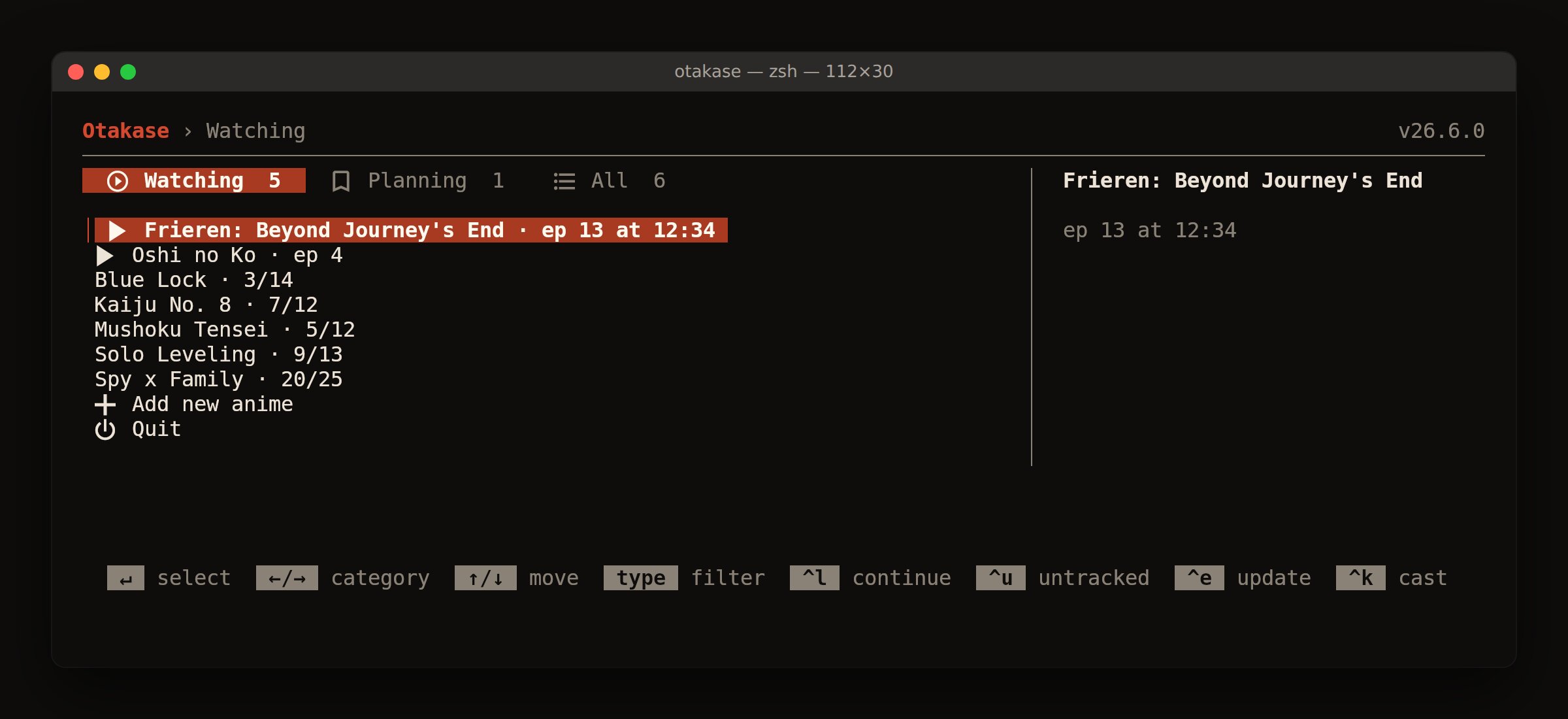 otakase's menu in the macOS Terminal: the Watching list with the shows to continue at the top