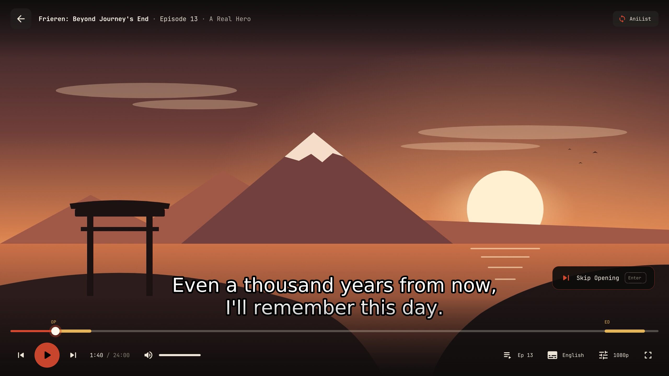The player during the opening, with a Skip Opening button and the opening and ending marked on the timeline
