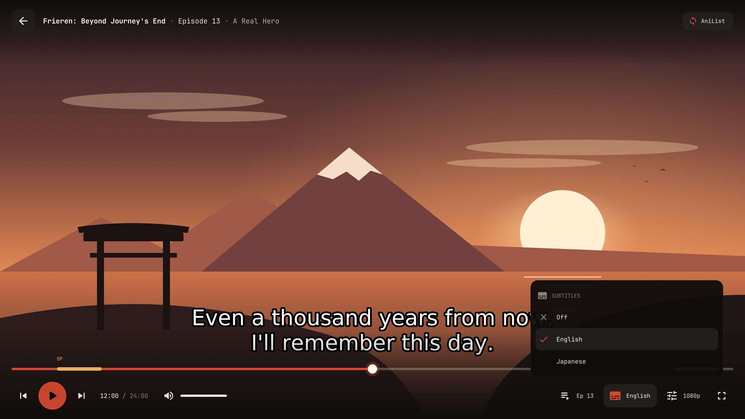 The player's subtitle menu with English and Japanese tracks